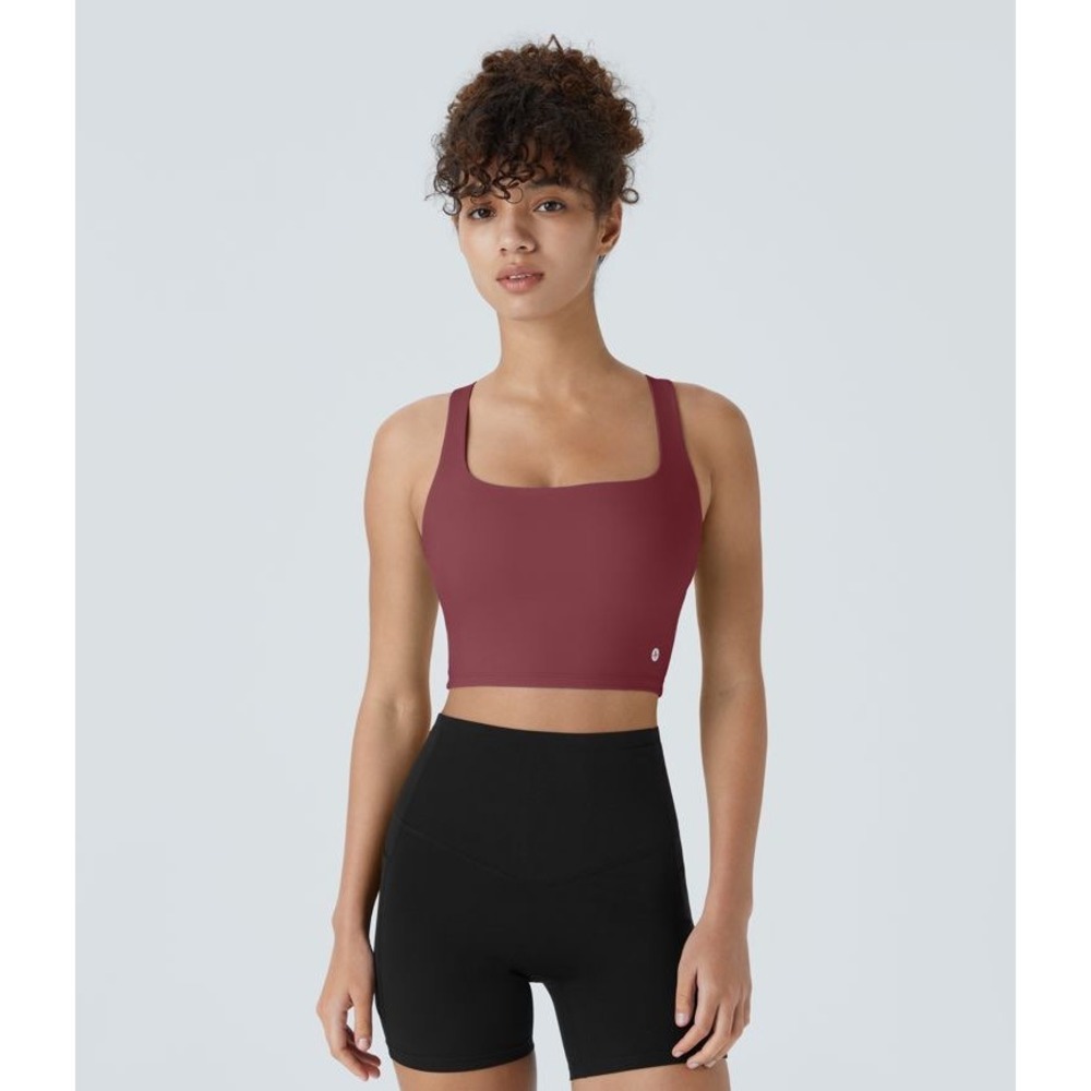Halara SoftlyZero Airy Square Neck Backless Strappy Sports Bra Crop Top Berry S - Picture 2 of 7